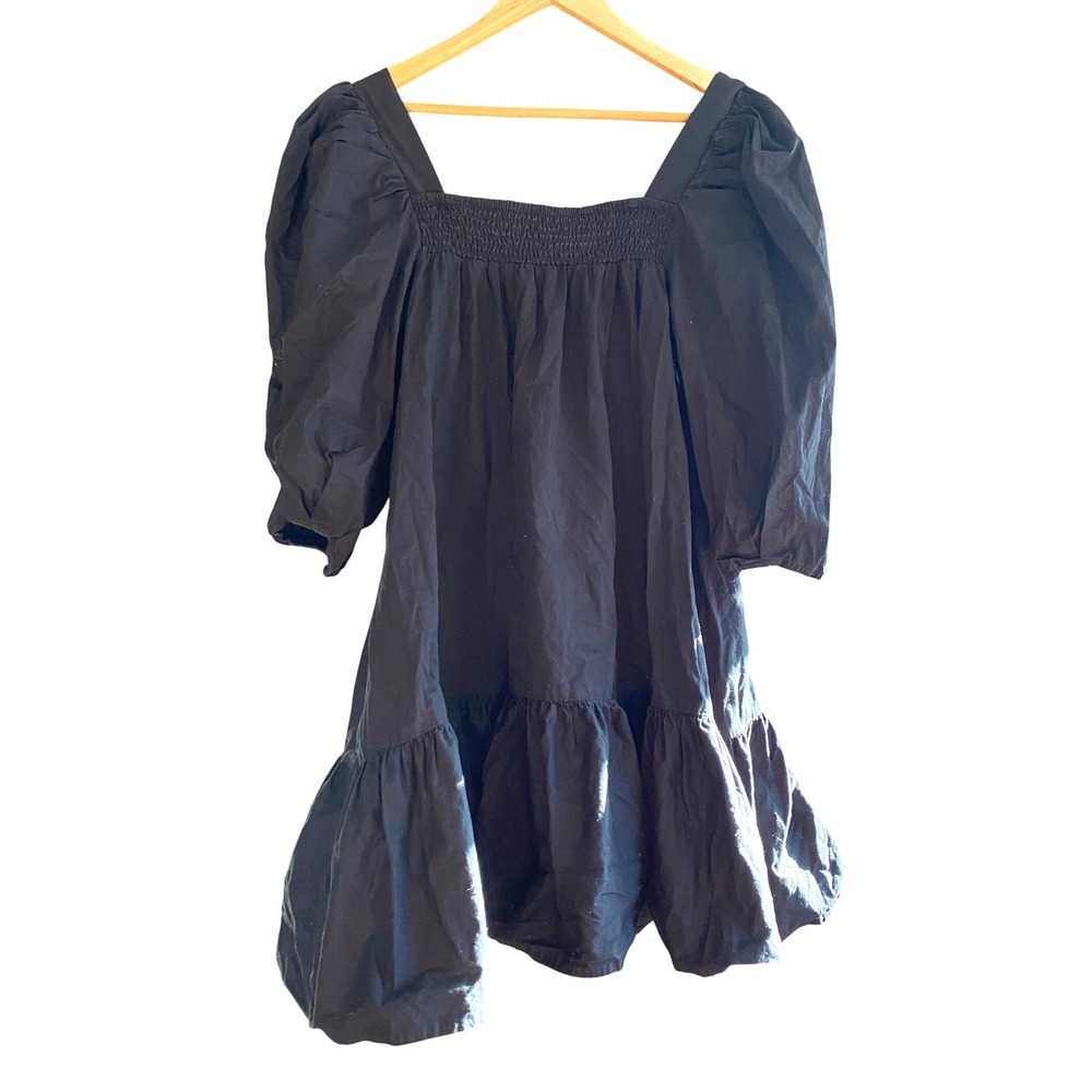 H&M‎ Puff Sleeve Smocked Ruffle A Line Black Mini Dress Medium Femme Romantic